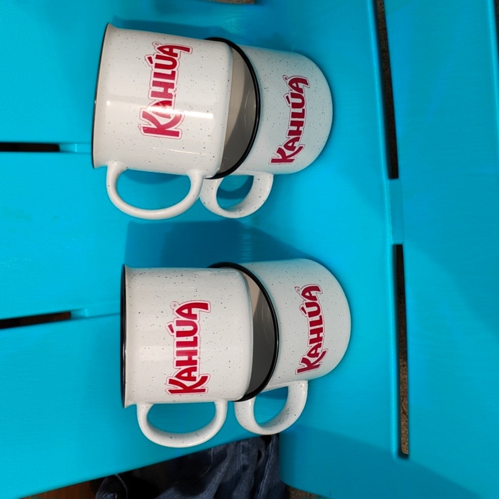 KAHLUA 16 Oz Coffee MUGS WHITE Set Of Four w/BLACK Ceramic  L…